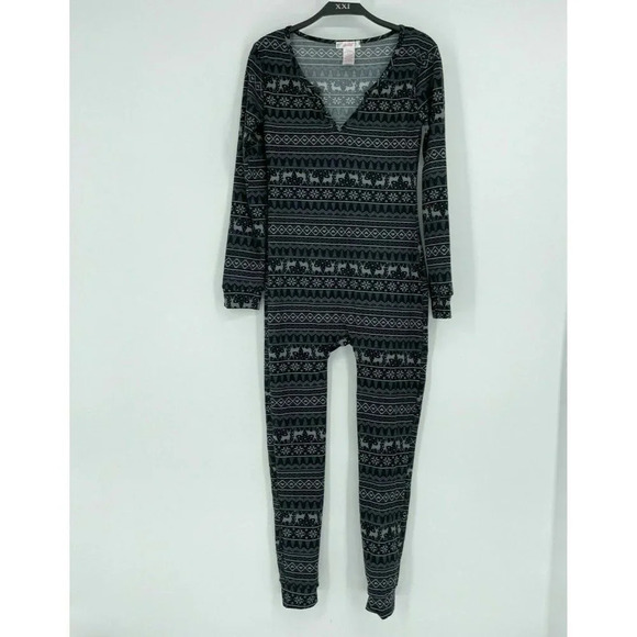 YADO One Piece Unionsuit Women's Sz S Gray Black Geometric V Neck Reindeer Soft - Picture 1 of 7